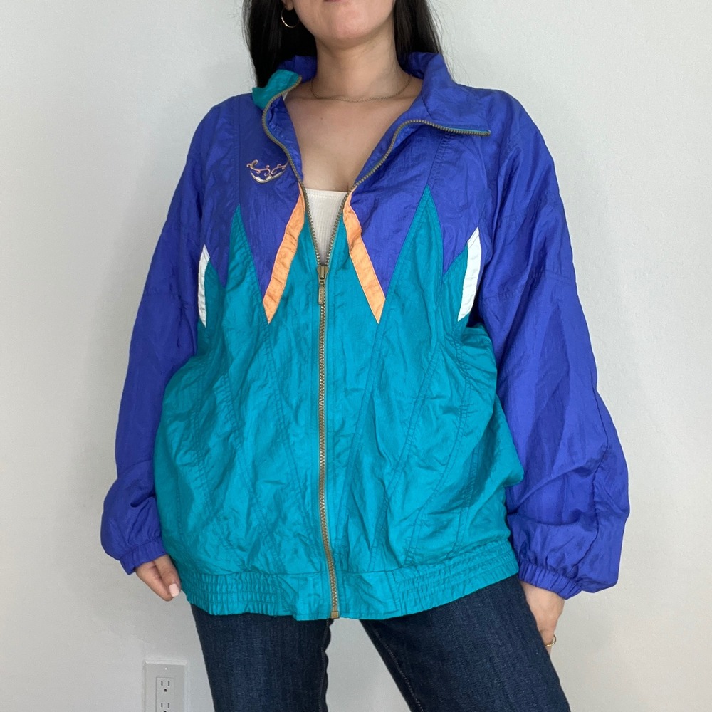 Beyond‎ Performance Vintage Windbreaker Jacket Women L Blue Teal Colorblock Zip